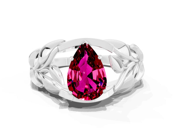 White gold Pear Cut Garnet Leaf-Inspired Engagement Ring with Round Accents and Prong Setting