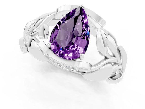 Platinum Pear Cut Amethyst Leaf-Inspired Engagement Ring with Round Accents and Prong Setting