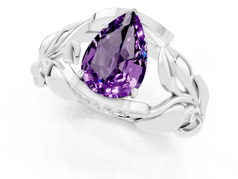 White gold Pear Cut Solitaire Leaf-Inspired Engagement Ring with Prong Setting_1
