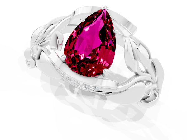Platinum Pear Cut Garnet Leaf-Inspired Engagement Ring with Round Accents and Prong Setting