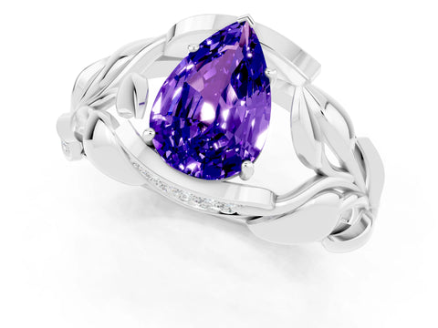 White gold Pear Cut Solitaire Leaf-Inspired Engagement Ring with Prong Setting_1