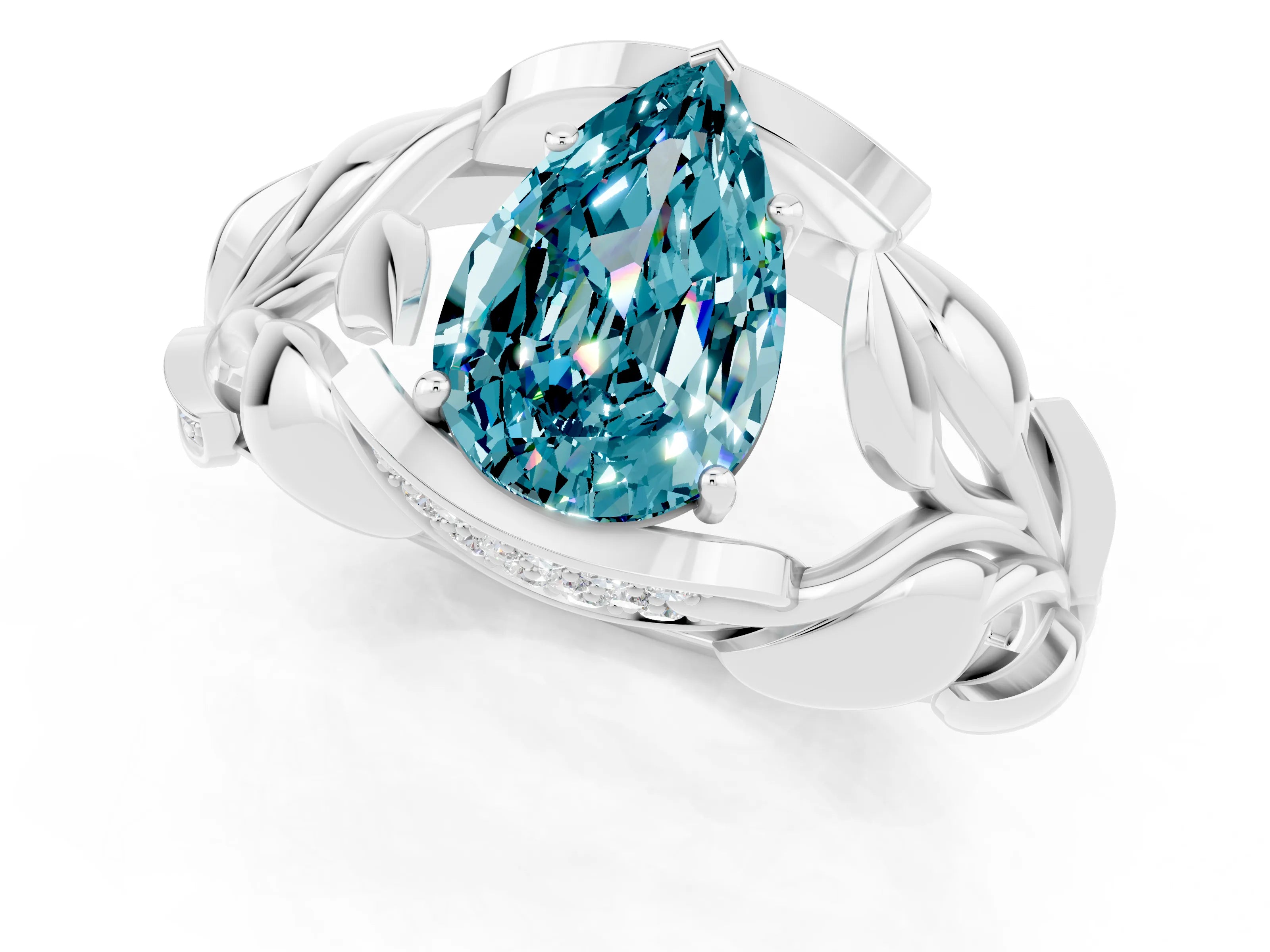 White gold Pear Cut Solitaire Leaf-Inspired Engagement Ring with Prong Setting_1
