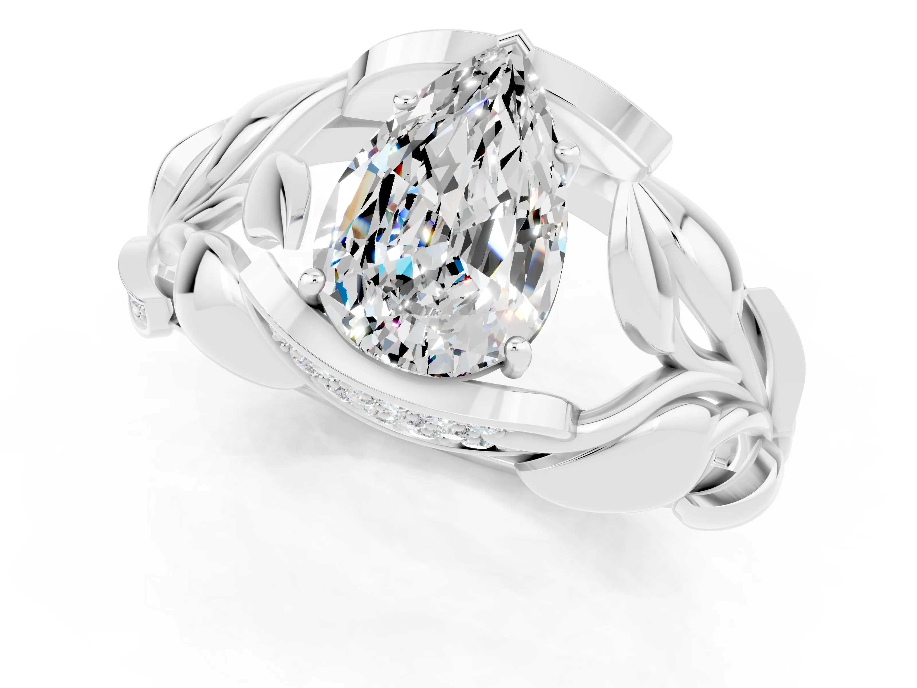 White gold Pear Cut Solitaire Leaf-Inspired Engagement Ring with Prong Setting_1