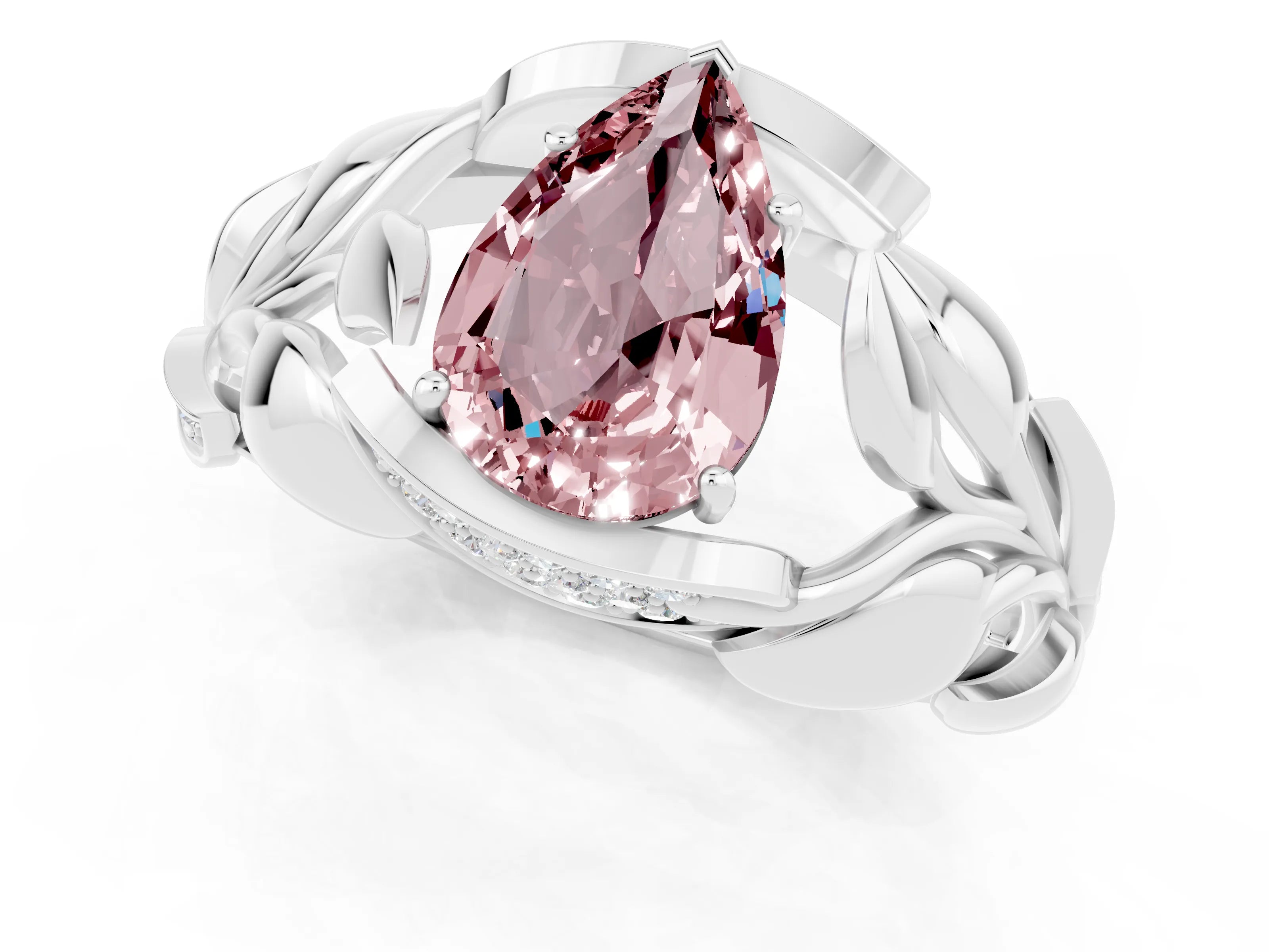 White gold Pear Cut Solitaire Leaf-Inspired Engagement Ring with Prong Setting_1