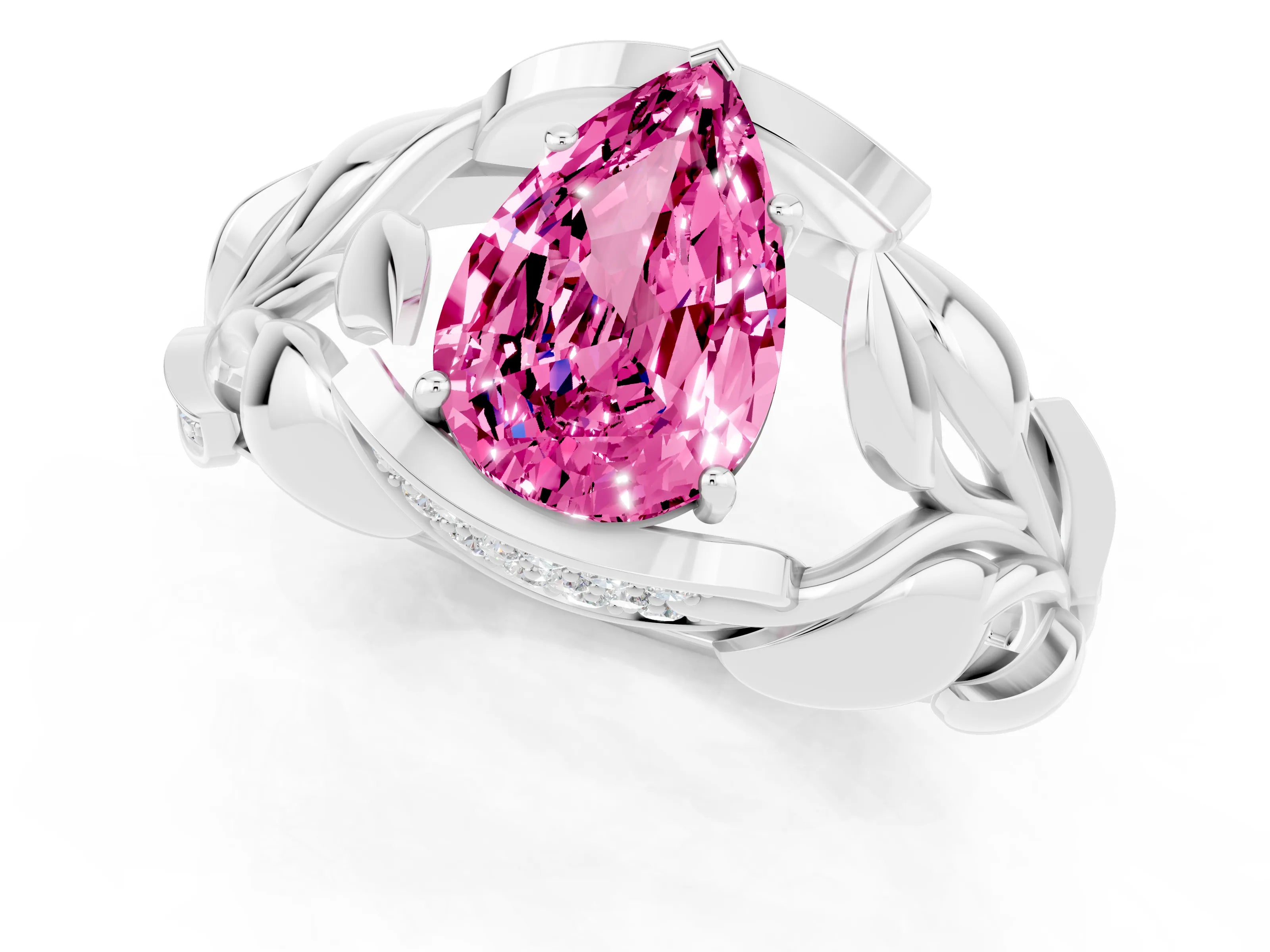 White gold Pear Cut Solitaire Leaf-Inspired Engagement Ring with Prong Setting_1