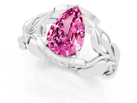 White gold Pear Cut Solitaire Leaf-Inspired Engagement Ring with Prong Setting_1