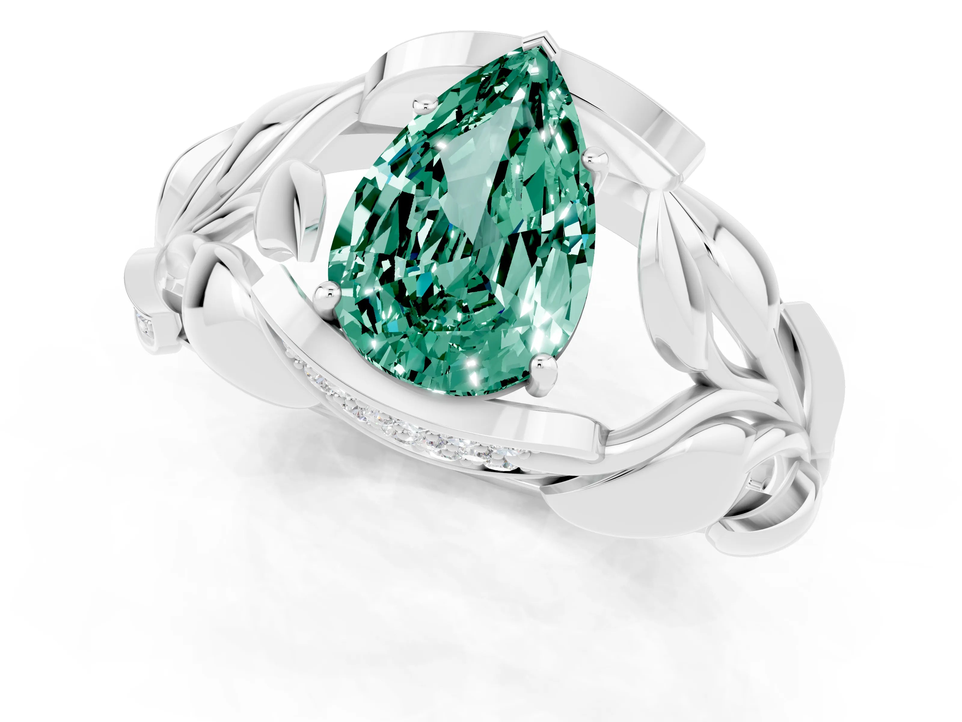 White gold Pear Cut Solitaire Leaf-Inspired Engagement Ring with Prong Setting_1