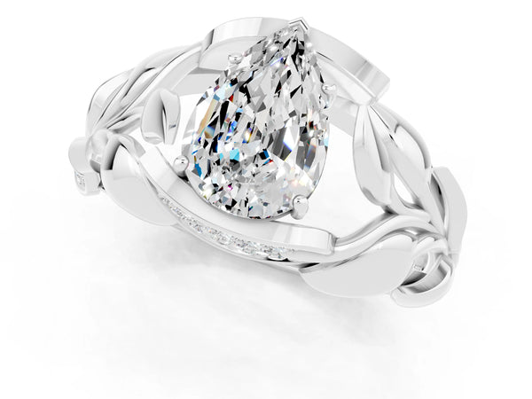 Platinum Pear Cut Moissanite Leaf-Inspired Engagement Ring with Round Accents and Prong Setting