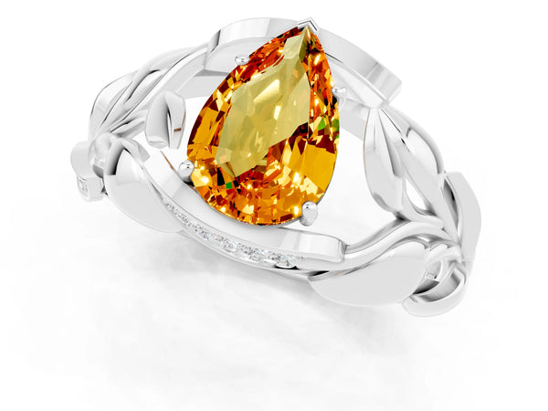 Silver Pear Cut Citrine Leaf-Inspired Engagement Ring with Round Accents and Prong Setting