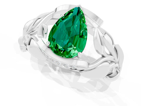 White gold Pear Cut Solitaire Leaf-Inspired Engagement Ring with Prong Setting_1