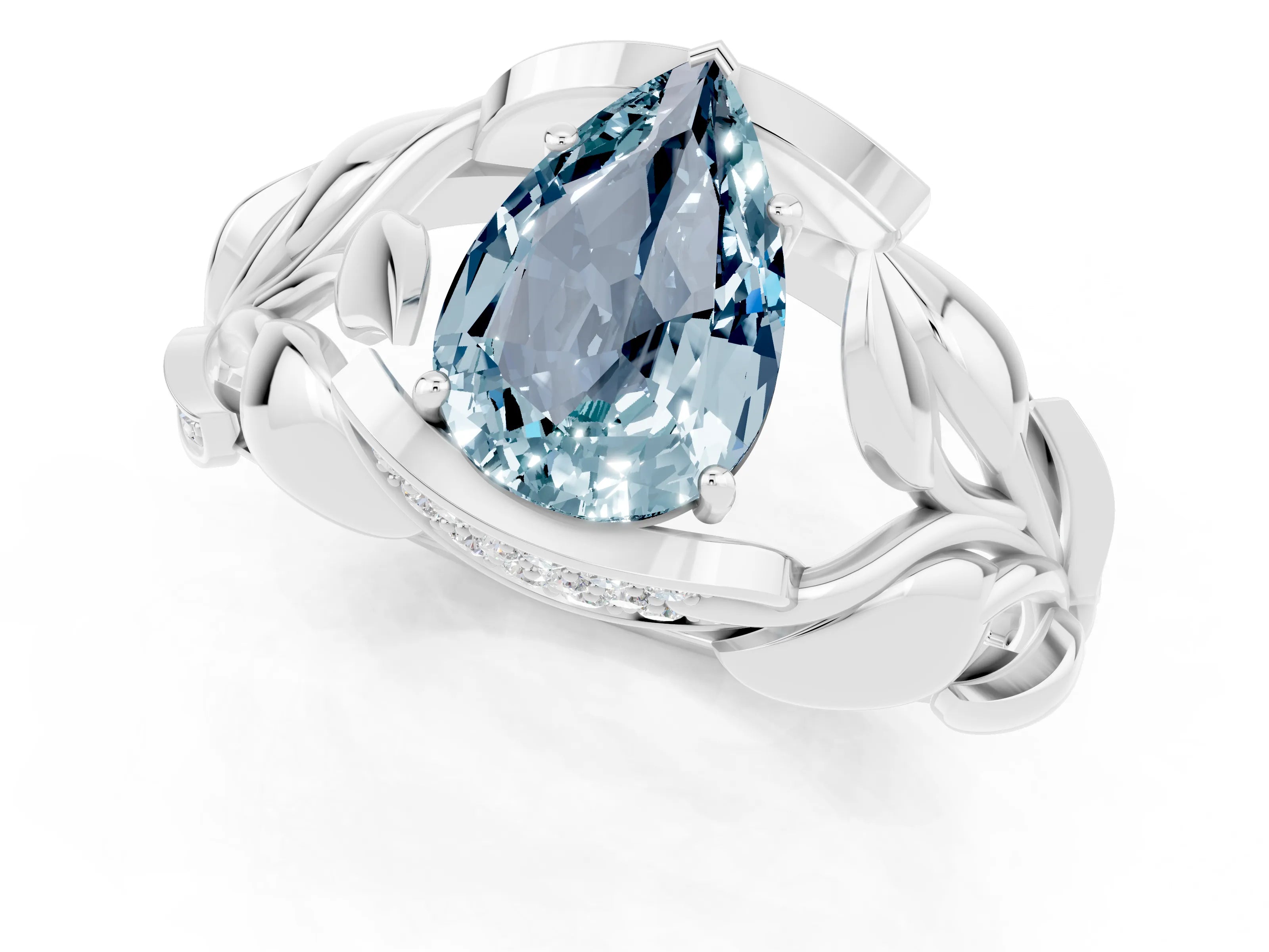 White gold Pear Cut Solitaire Leaf-Inspired Engagement Ring with Prong Setting_1