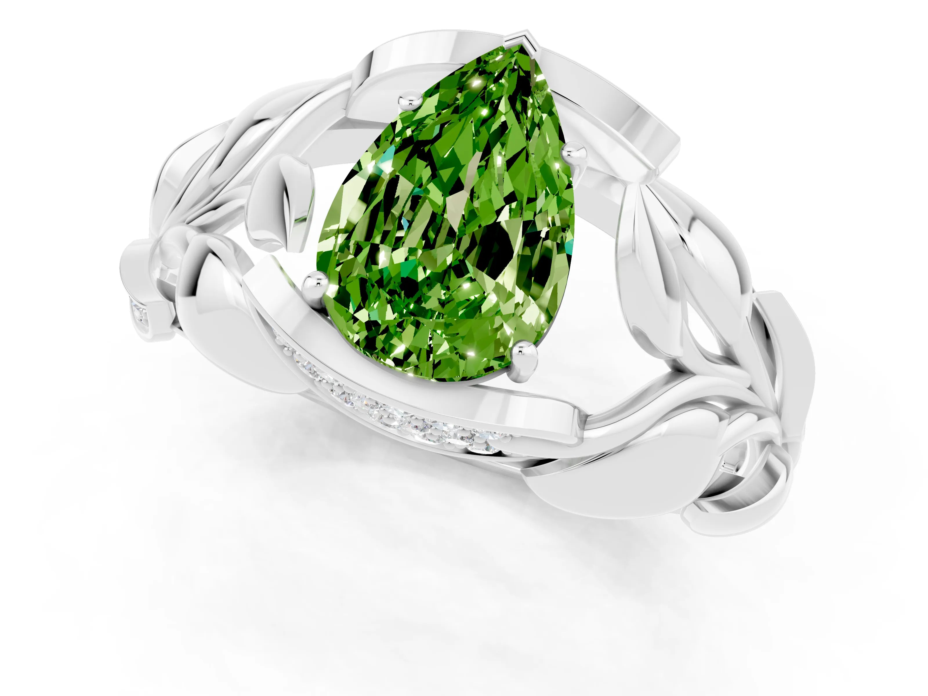 White gold Pear Cut Solitaire Leaf-Inspired Engagement Ring with Prong Setting_1