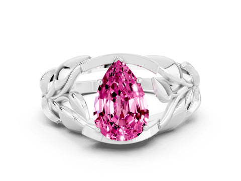 White gold Pear Cut Solitaire Leaf-Inspired Engagement Ring with Prong Setting