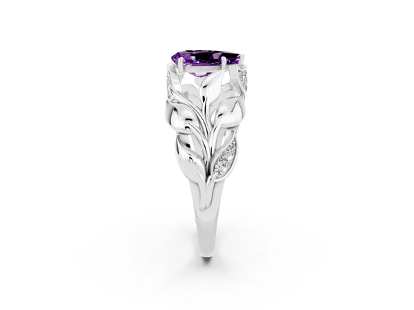 Silver Pear Cut Amethyst Leaf-Inspired Engagement Ring with Round Accents and Prong Setting