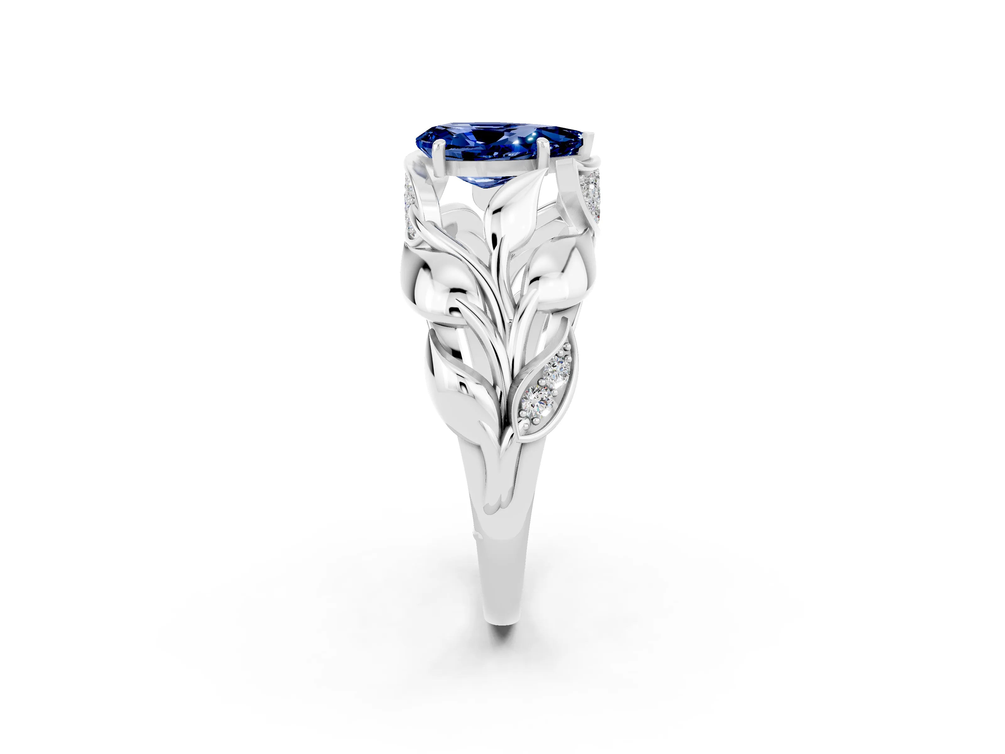White gold Pear Cut Solitaire Leaf-Inspired Engagement Ring with Prong Setting_2