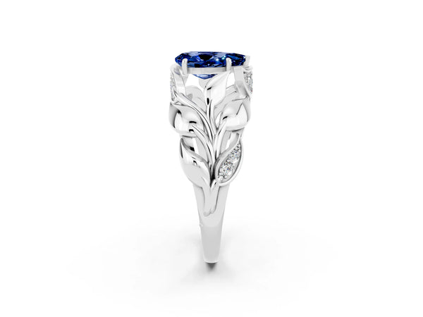 Platinum Pear-Shaped Lab-Grown Blue Sapphire Pave Leaf Bypass Engagement Ring