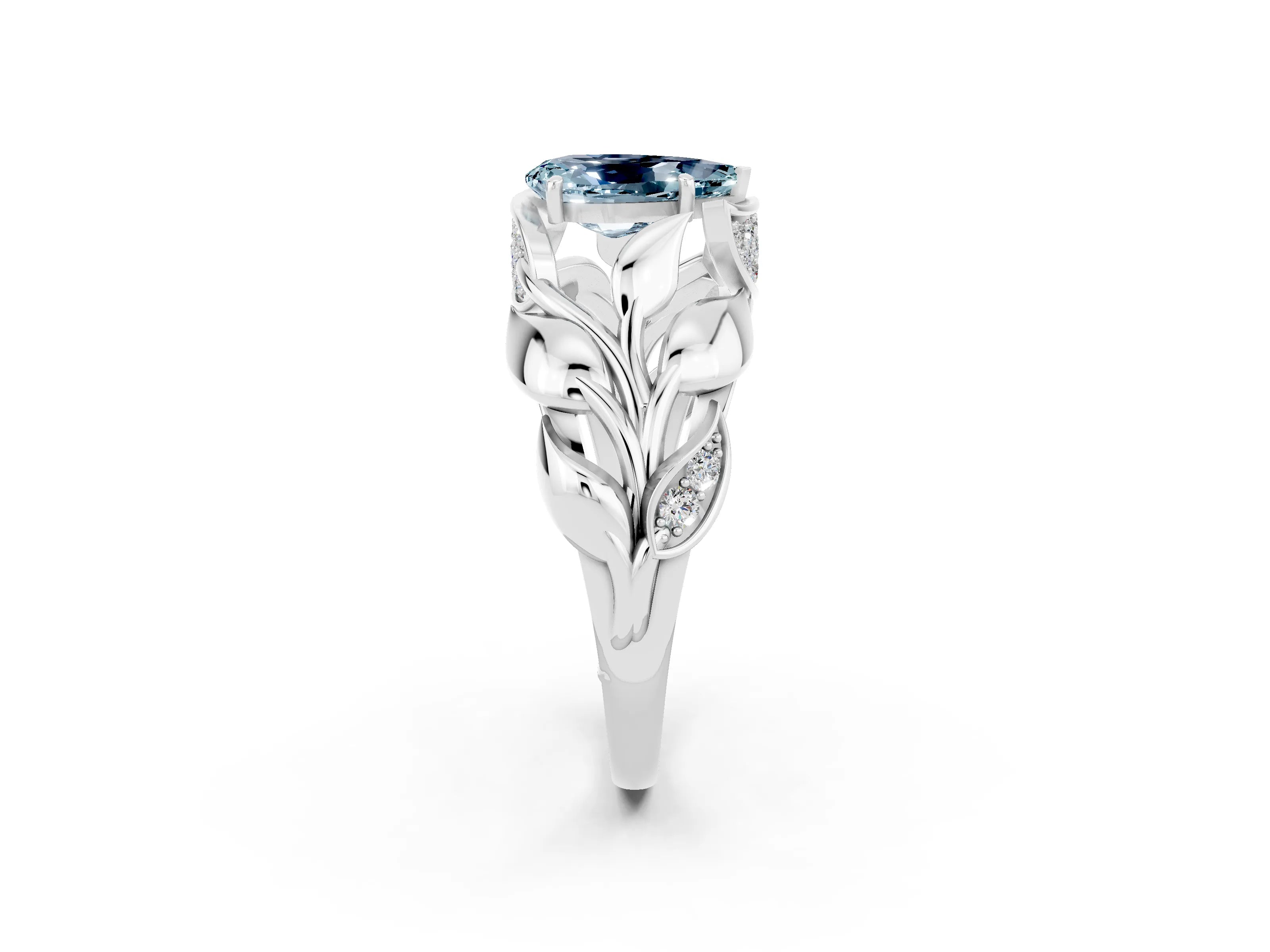 White gold Pear Cut Solitaire Leaf-Inspired Engagement Ring with Prong Setting_2