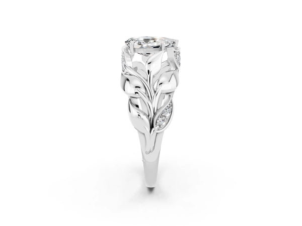 Platinum Pear Cut Moissanite Leaf-Inspired Engagement Ring with Round Accents and Prong Setting