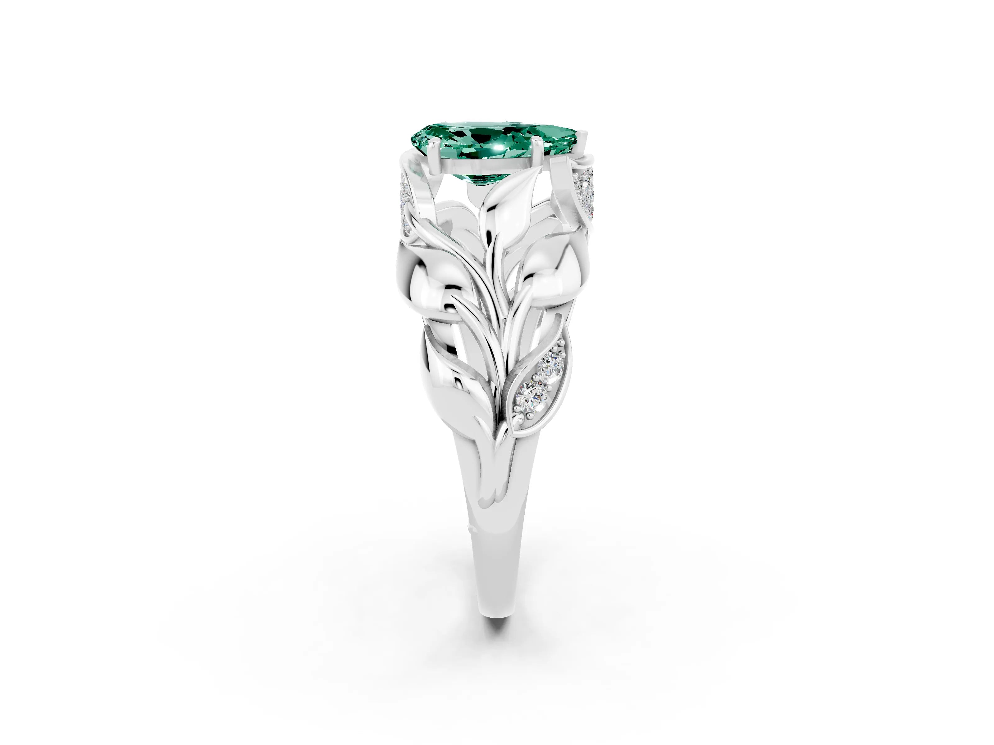 White gold Pear Cut Solitaire Leaf-Inspired Engagement Ring with Prong Setting_2