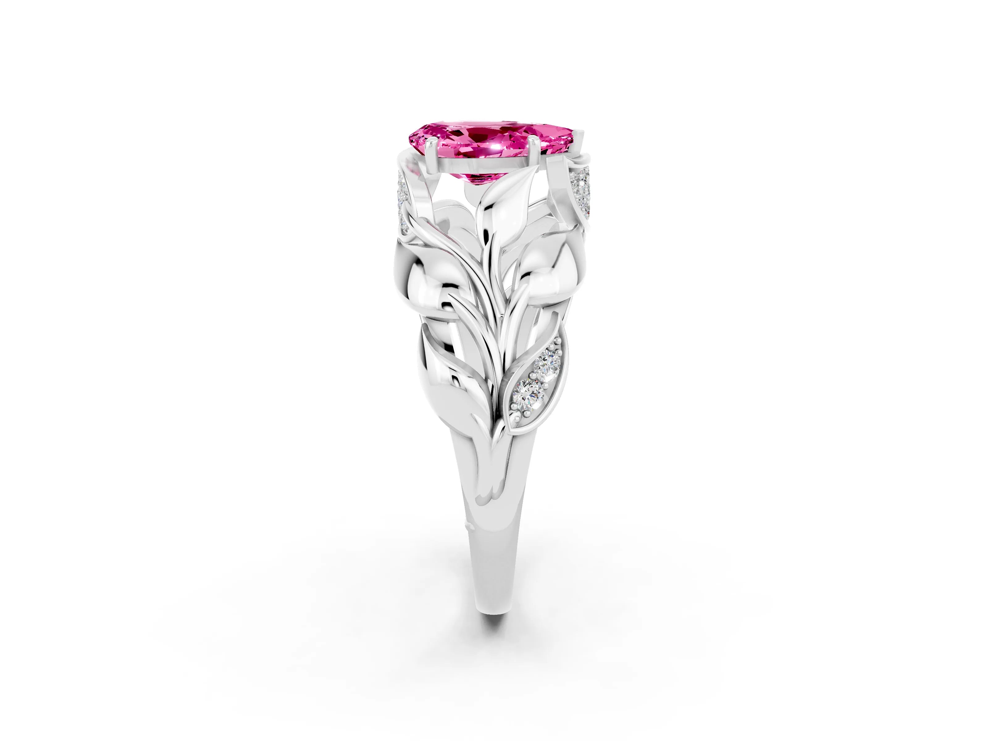 White gold Pear Cut Solitaire Leaf-Inspired Engagement Ring with Prong Setting_2