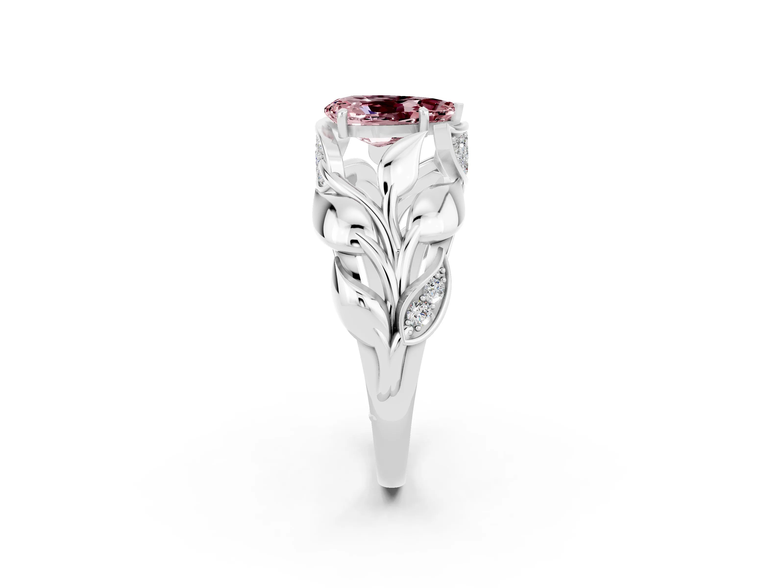 White gold Pear Cut Solitaire Leaf-Inspired Engagement Ring with Prong Setting_2