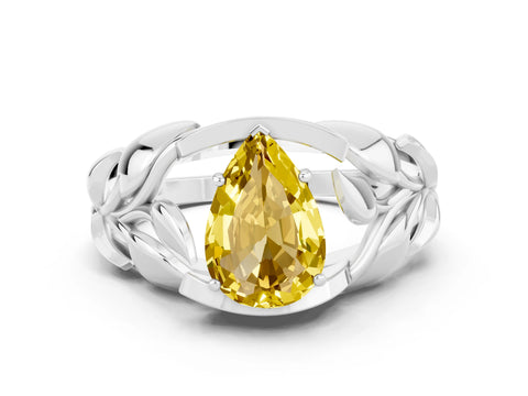 White gold Pear Cut Solitaire Leaf-Inspired Engagement Ring with Prong Setting