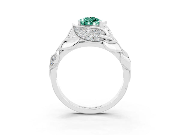White gold Pear Cut Green Sapphire Leaf-Inspired Engagement Ring with Round Accents and Prong Setting