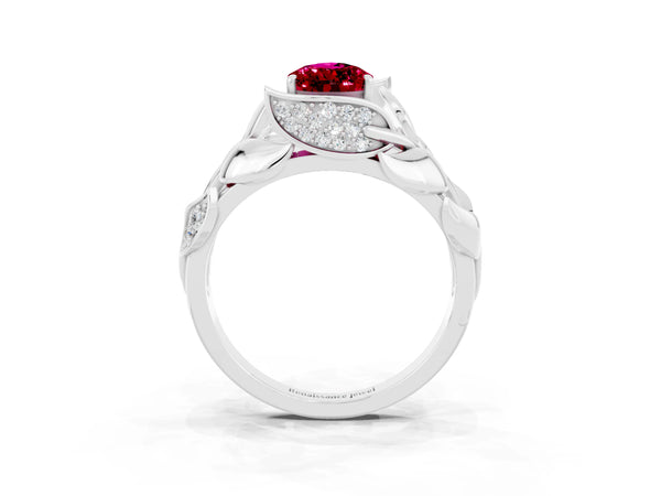 Platinum Pear Cut Garnet Leaf-Inspired Engagement Ring with Round Accents and Prong Setting