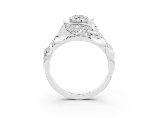 Silver Pear Cut Moissanite Leaf-Inspired Engagement Ring with Round Accents and Prong Setting