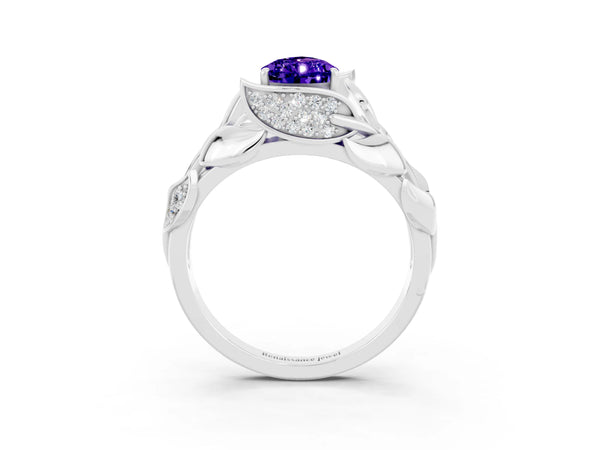 White gold Pear Cut Tanzanite Leaf-Inspired Engagement Ring with Round Accents and Prong Setting