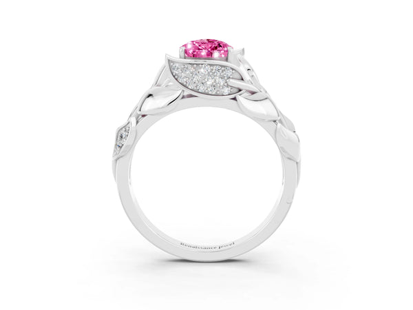 White Gold Pear-Shaped Lab-Grown Pink Sapphire Pave Leaf Bypass Engagement Ring