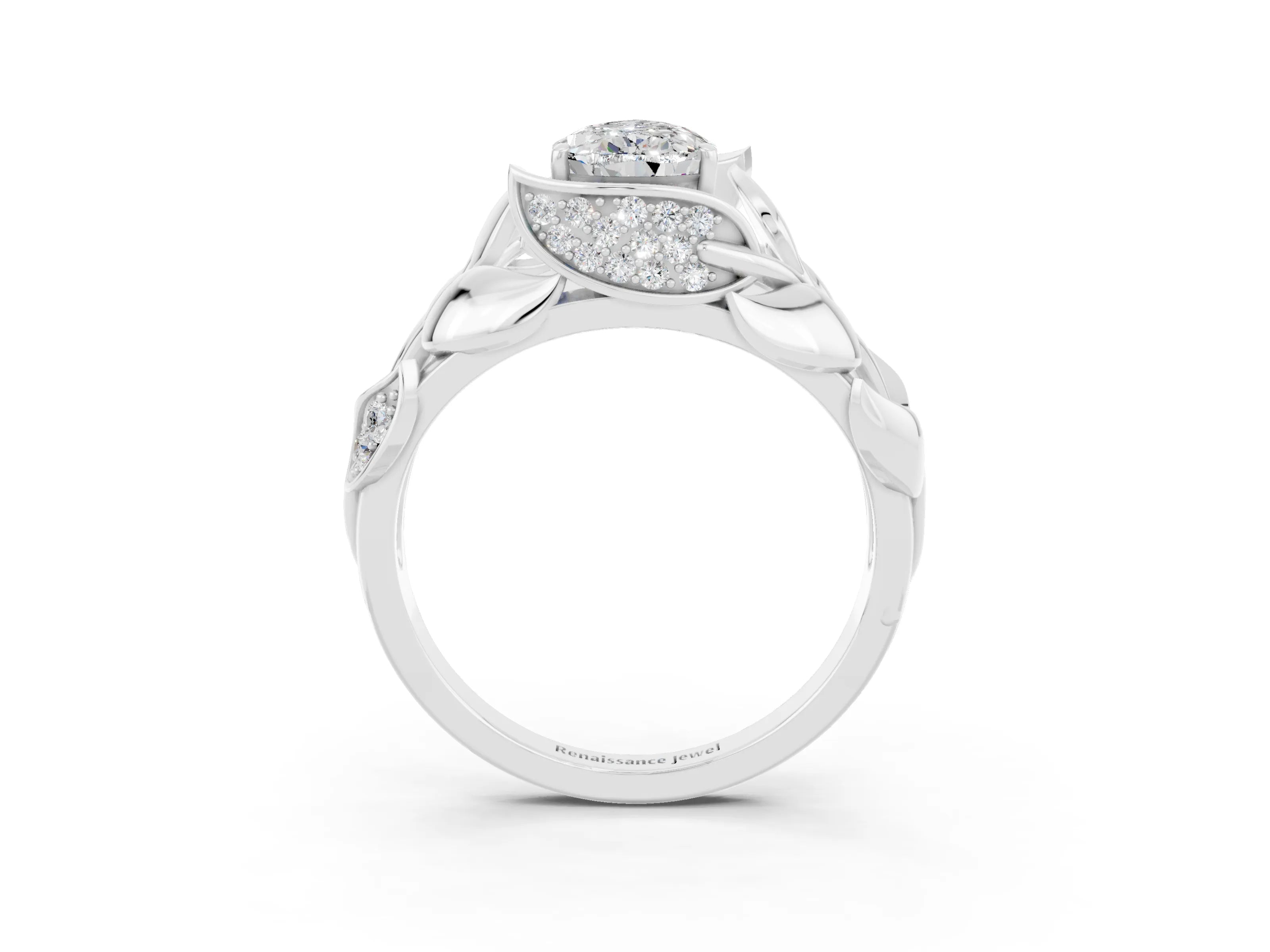 White gold Pear Cut Solitaire Leaf-Inspired Engagement Ring with Prong Setting_3