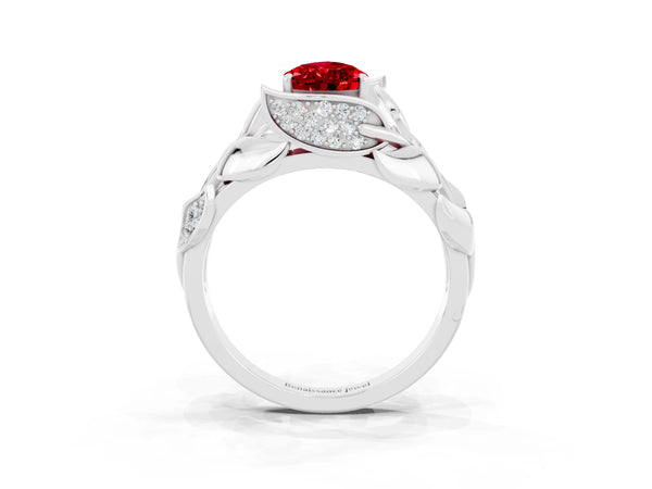 Platinum Pear Cut Ruby Leaf-Inspired Engagement Ring with Round Accents and Prong Setting