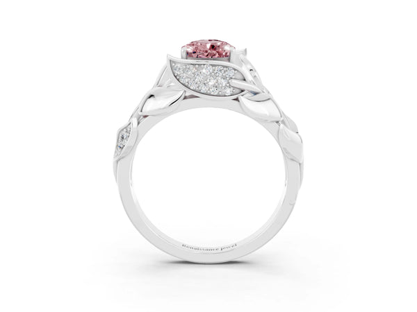 Platinum Pear Cut Solitaire Leaf-Inspired Engagement Ring with Prong Setting