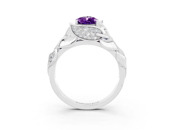 White gold Pear Cut Amethyst Leaf-Inspired Engagement Ring with Round Accents and Prong Setting