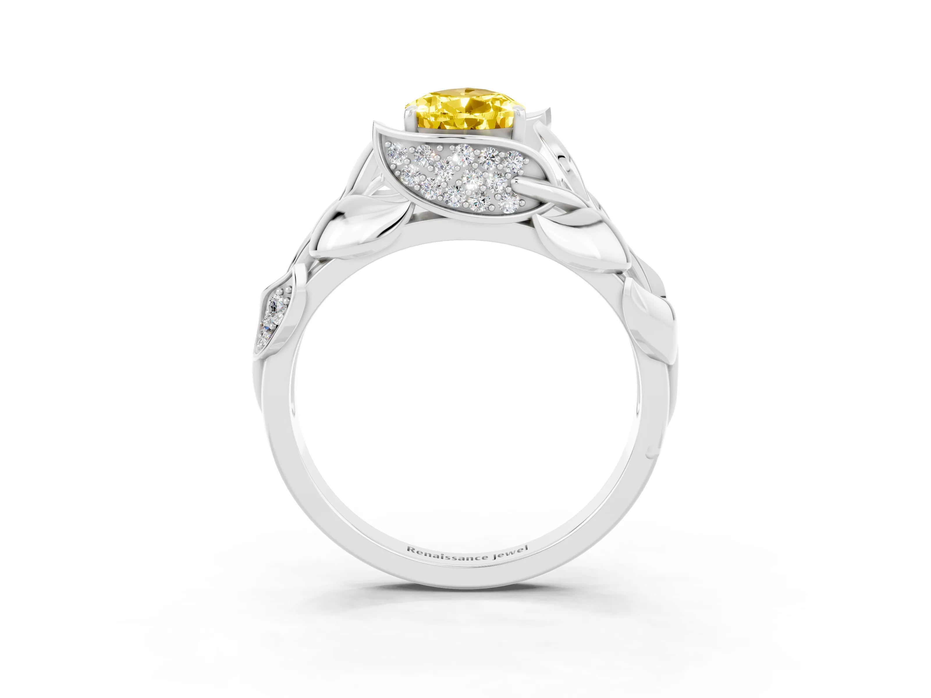 White gold Pear Cut Solitaire Leaf-Inspired Engagement Ring with Prong Setting_3