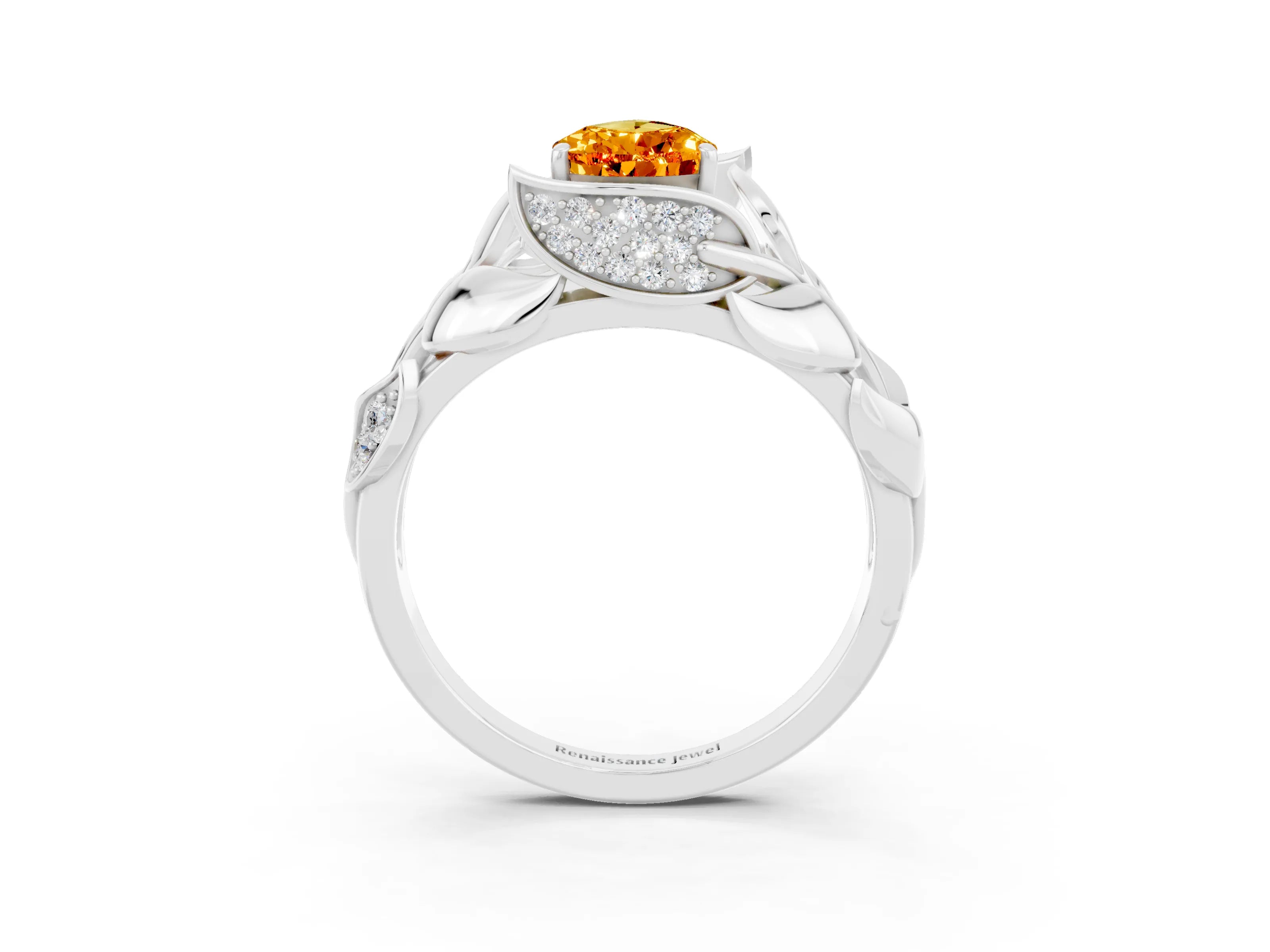 White gold Pear Cut Solitaire Leaf-Inspired Engagement Ring with Prong Setting_3