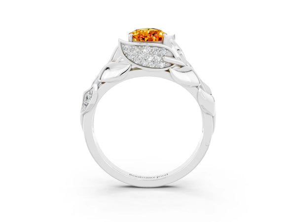 White gold Pear Cut Citrine Leaf-Inspired Engagement Ring with Round Accents and Prong Setting