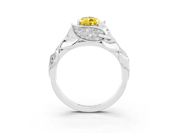 Silver Pear Cut Yellow Sapphire Leaf-Inspired Engagement Ring with Round Accents and Prong Setting