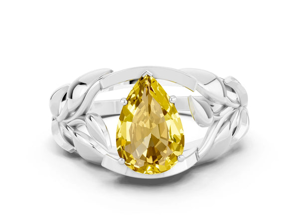 White gold Pear Cut Yellow Sapphire Leaf-Inspired Engagement Ring with Round Accents and Prong Setting