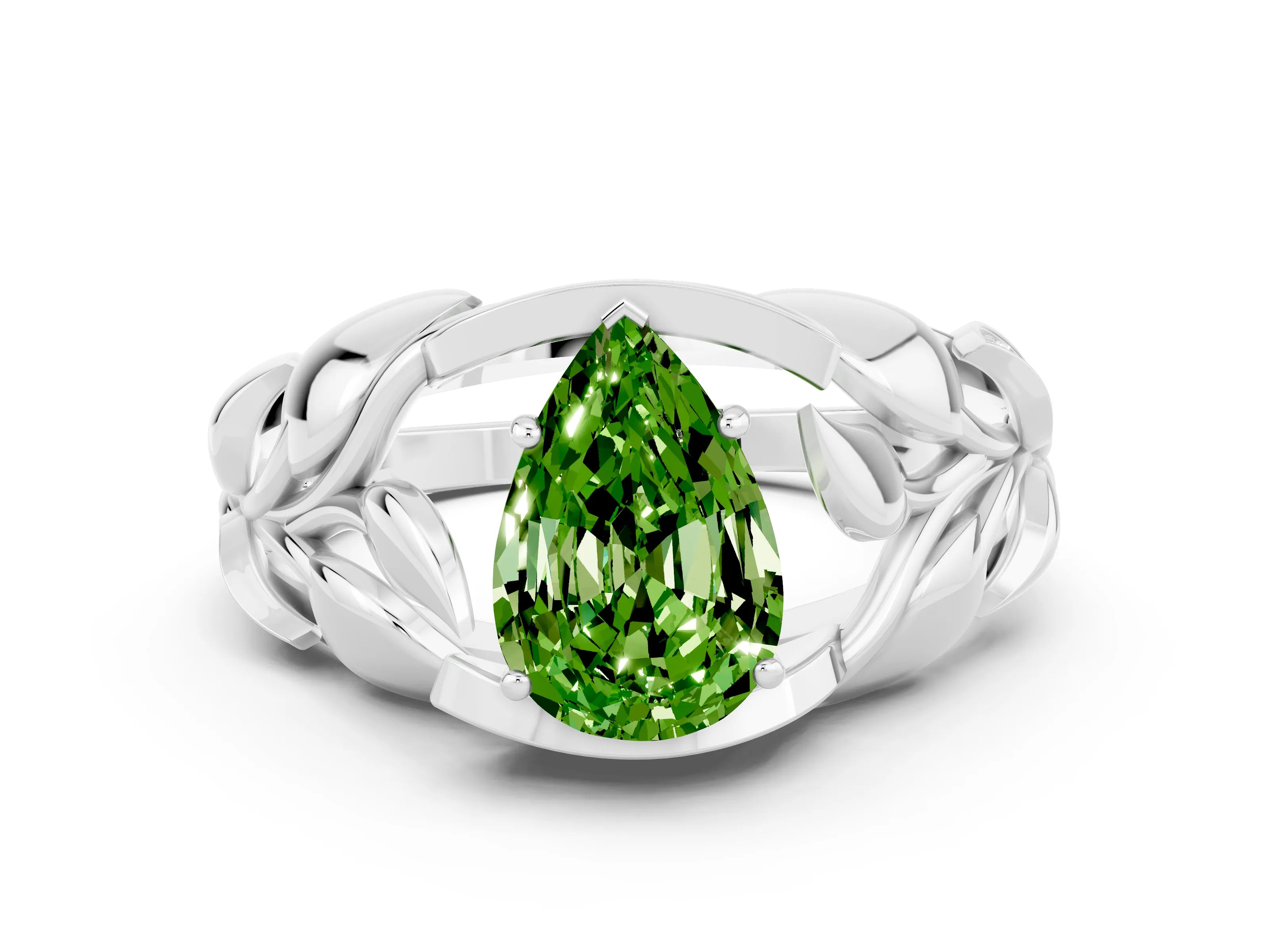 White gold Pear Cut Solitaire Leaf-Inspired Engagement Ring with Prong Setting
