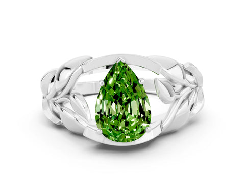 White gold Pear Cut Solitaire Leaf-Inspired Engagement Ring with Prong Setting