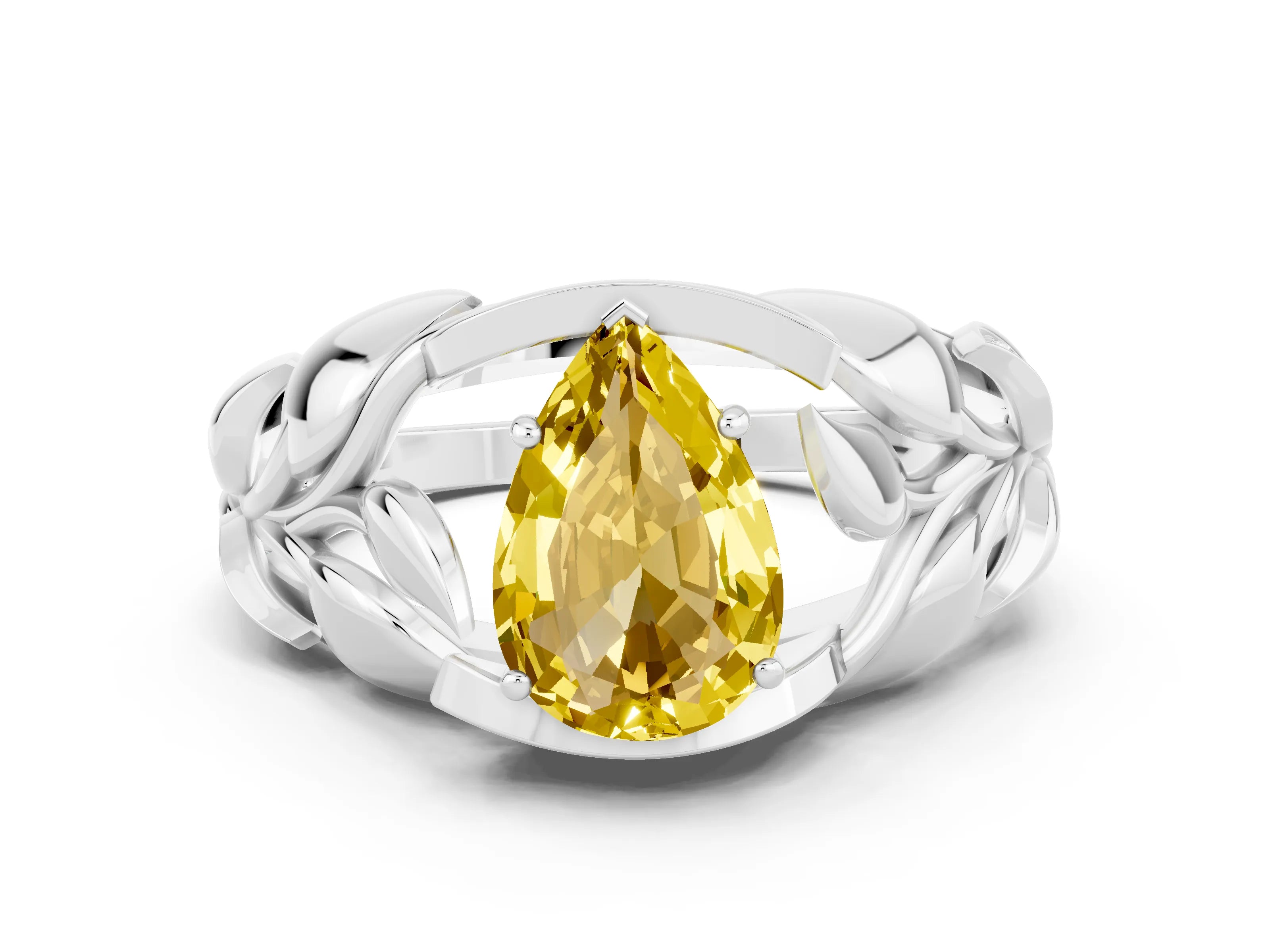 White gold Pear Cut Solitaire Leaf-Inspired Engagement Ring with Prong Setting