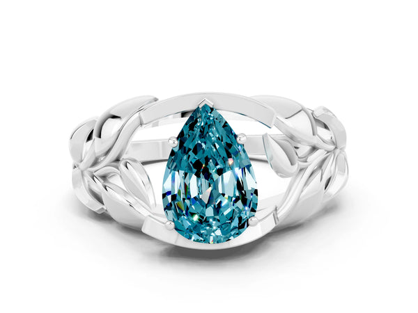 Silver Pear Cut Solitaire Leaf-Inspired Engagement Ring with Prong Setting