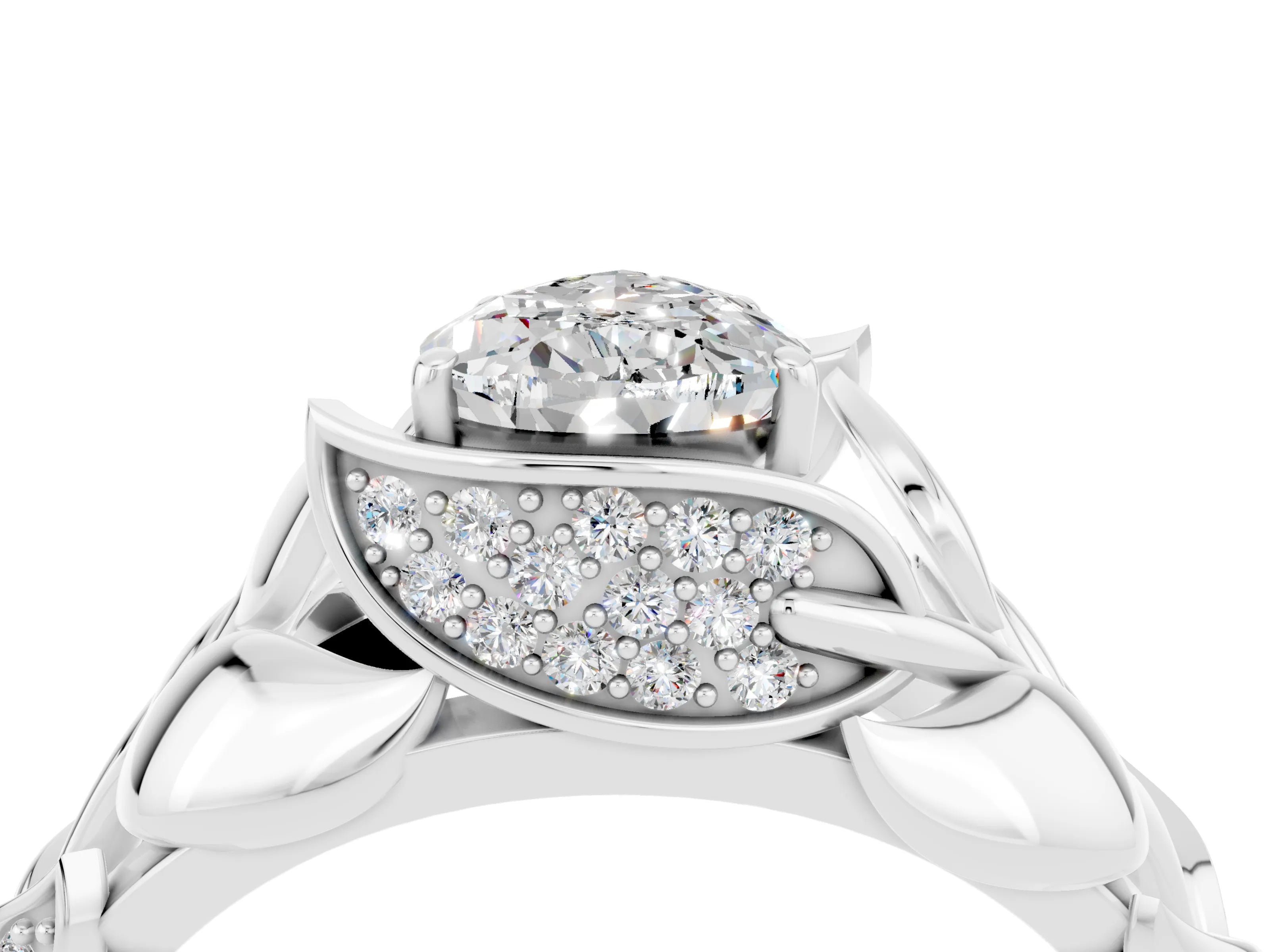 White gold Pear Cut Solitaire Leaf-Inspired Engagement Ring with Prong Setting_4