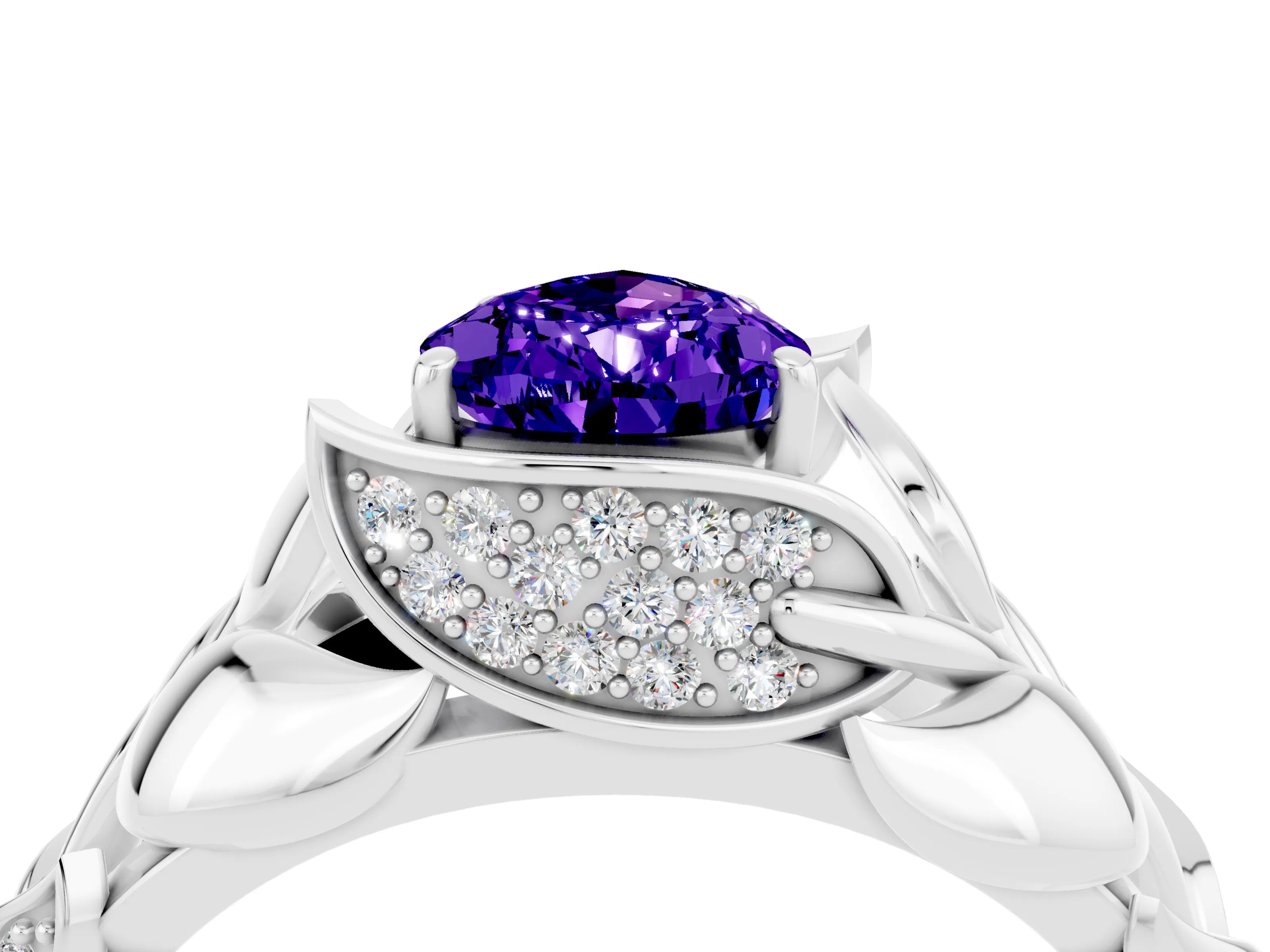 White gold Pear Cut Solitaire Leaf-Inspired Engagement Ring with Prong Setting_4