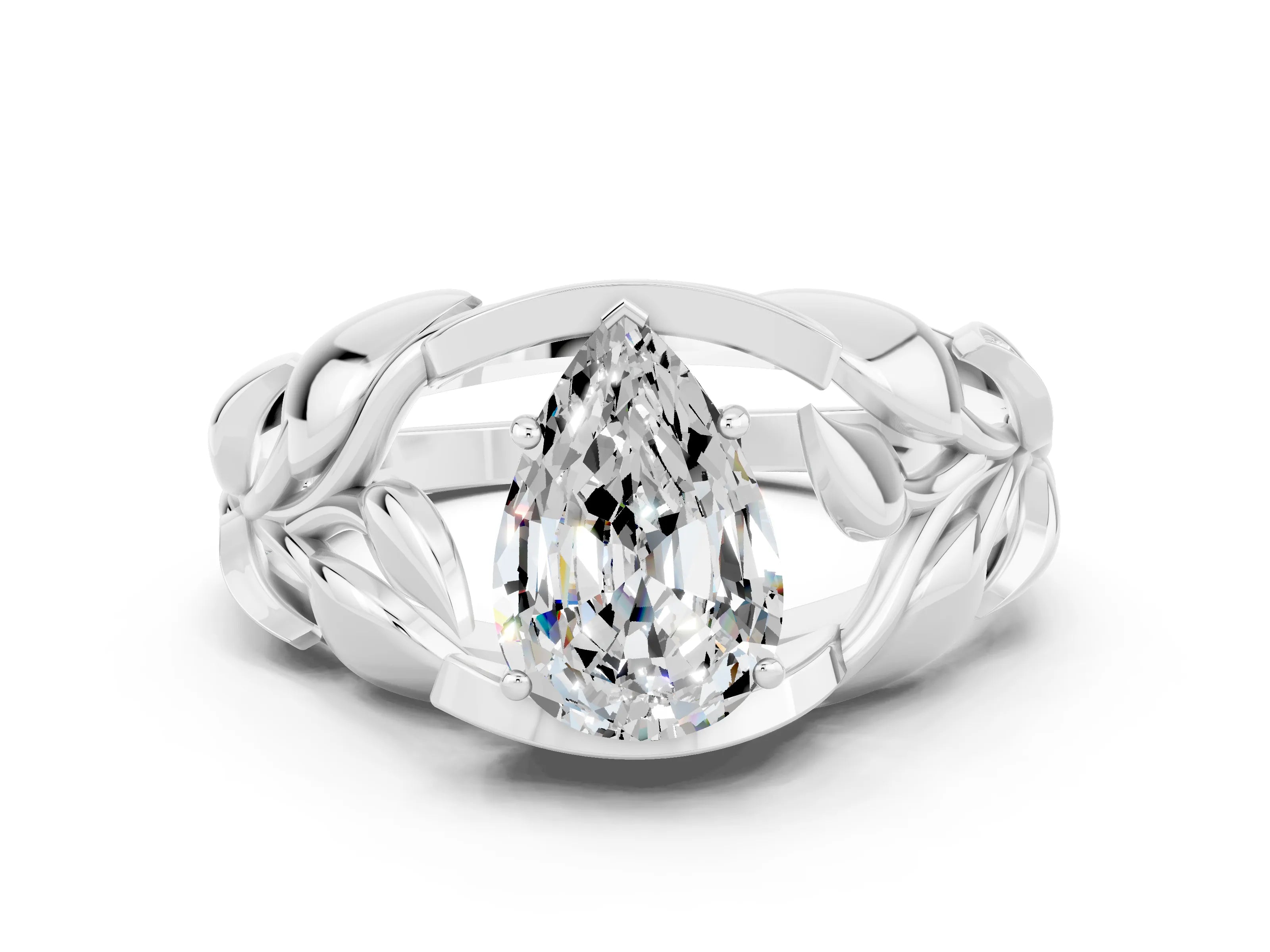 White gold Pear Cut Solitaire Leaf-Inspired Engagement Ring with Prong Setting