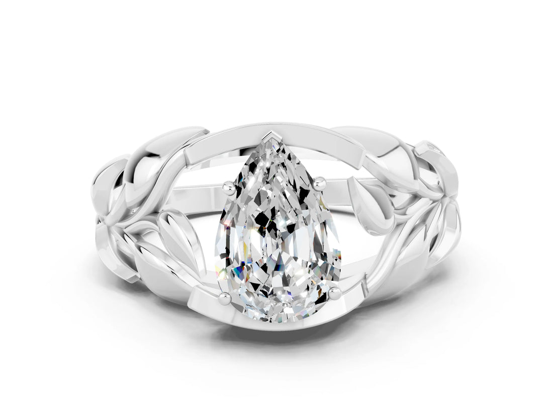 White gold Pear Cut Solitaire Leaf-Inspired Engagement Ring with Prong Setting