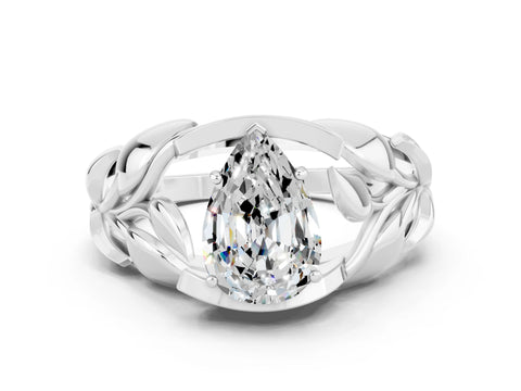 White gold Pear Cut Solitaire Leaf-Inspired Engagement Ring with Prong Setting