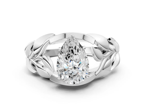 White gold Round Solitaire Leaf-Inspired Engagement Ring with Prong Setting